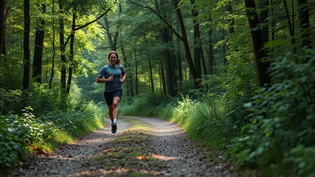 나무가 우거진 숲길을 편안한 표정으로 여유롭게 조깅하며 자연을 즐기는 러너의 모습