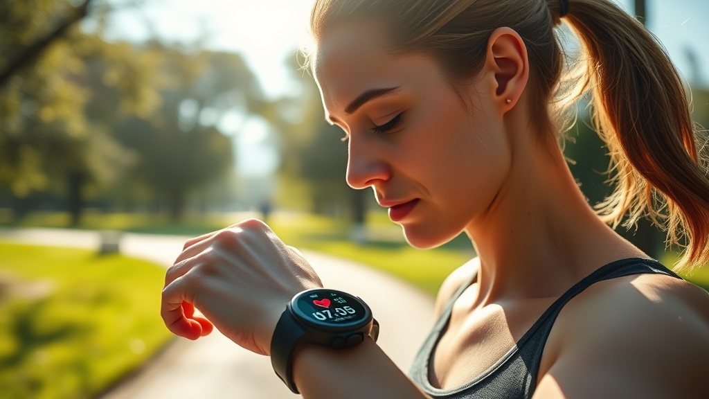 러닝 중 스마트워치를 통해 실시간 심박수 데이터를 확인하며 페이스를 점검하는 러너의 모습
