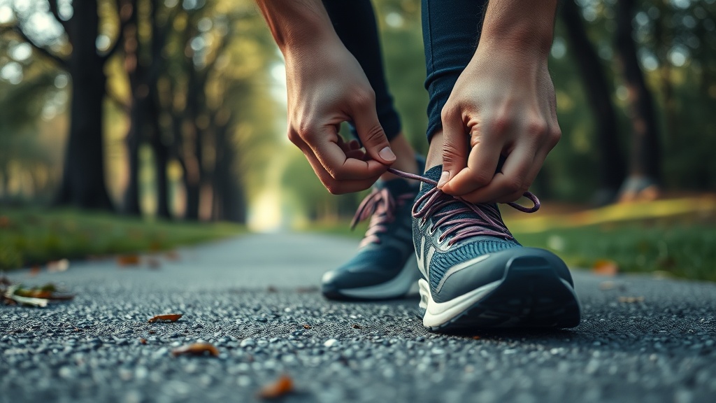 공원 산책로에서 러닝화 끈을 고쳐 매며 달리기를 준비하는 러너의 발 모습